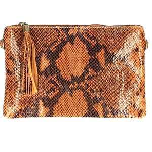 Snake Stamp Italian Leather Clutch-Cognac